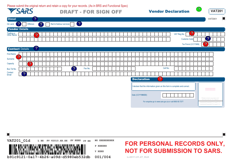 Preview of Form VAT201 — VAT Vendor Declaration